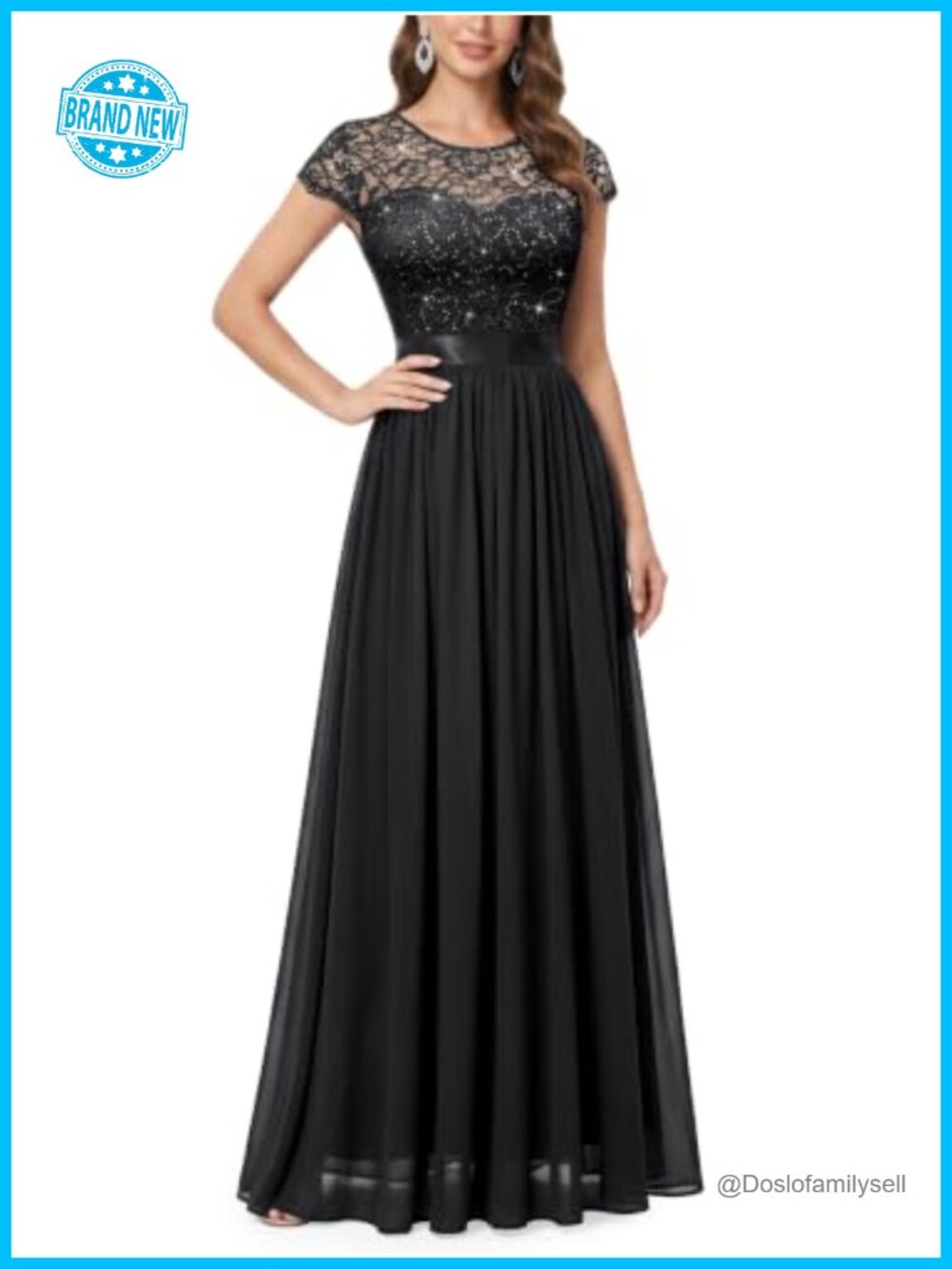 A-Line Sequin Lace Scoop Neck Short Sleeve Maxi Formal Dress